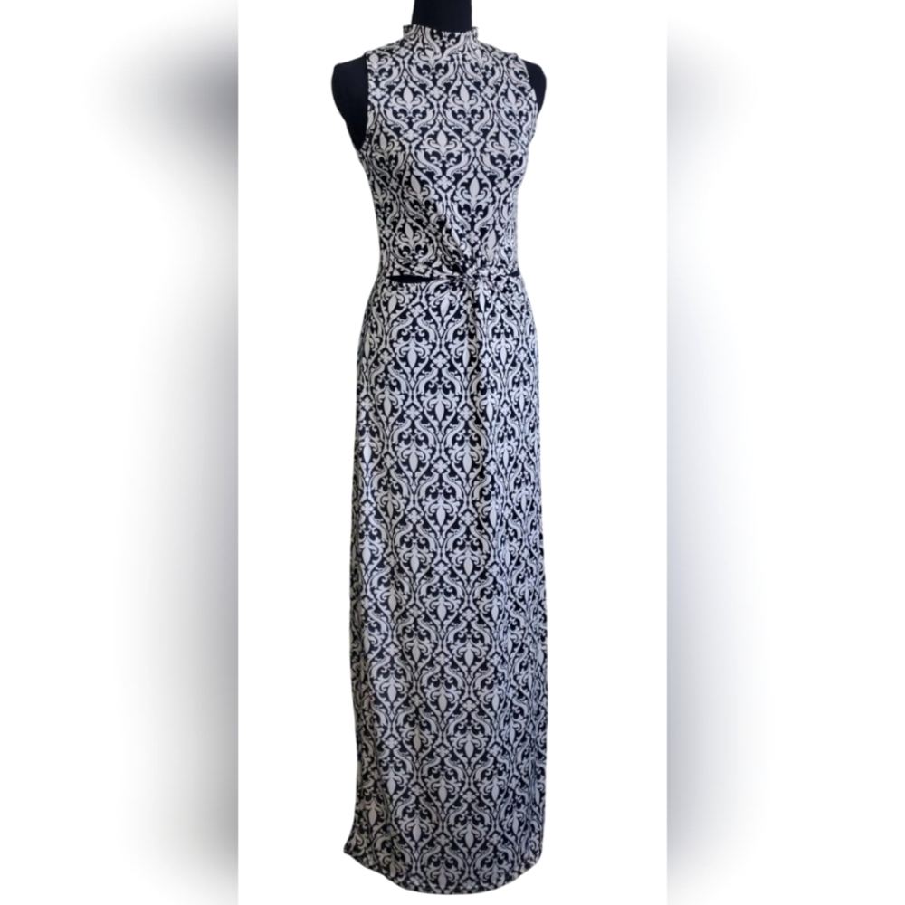 QED London Dress Fleur De Lis Sleeveless Black & Off White Cut Out Sheath Small